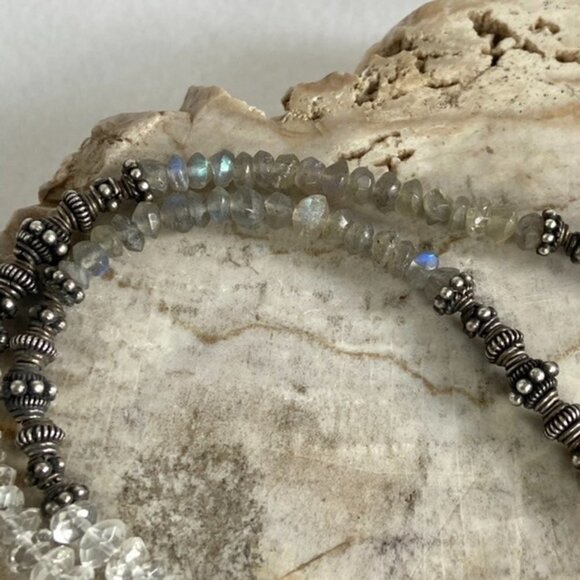 Sterling Silver 925 Labradorite & Quartz Beaded Necklace 17" Hook Closure 21g - Picture 8 of 16